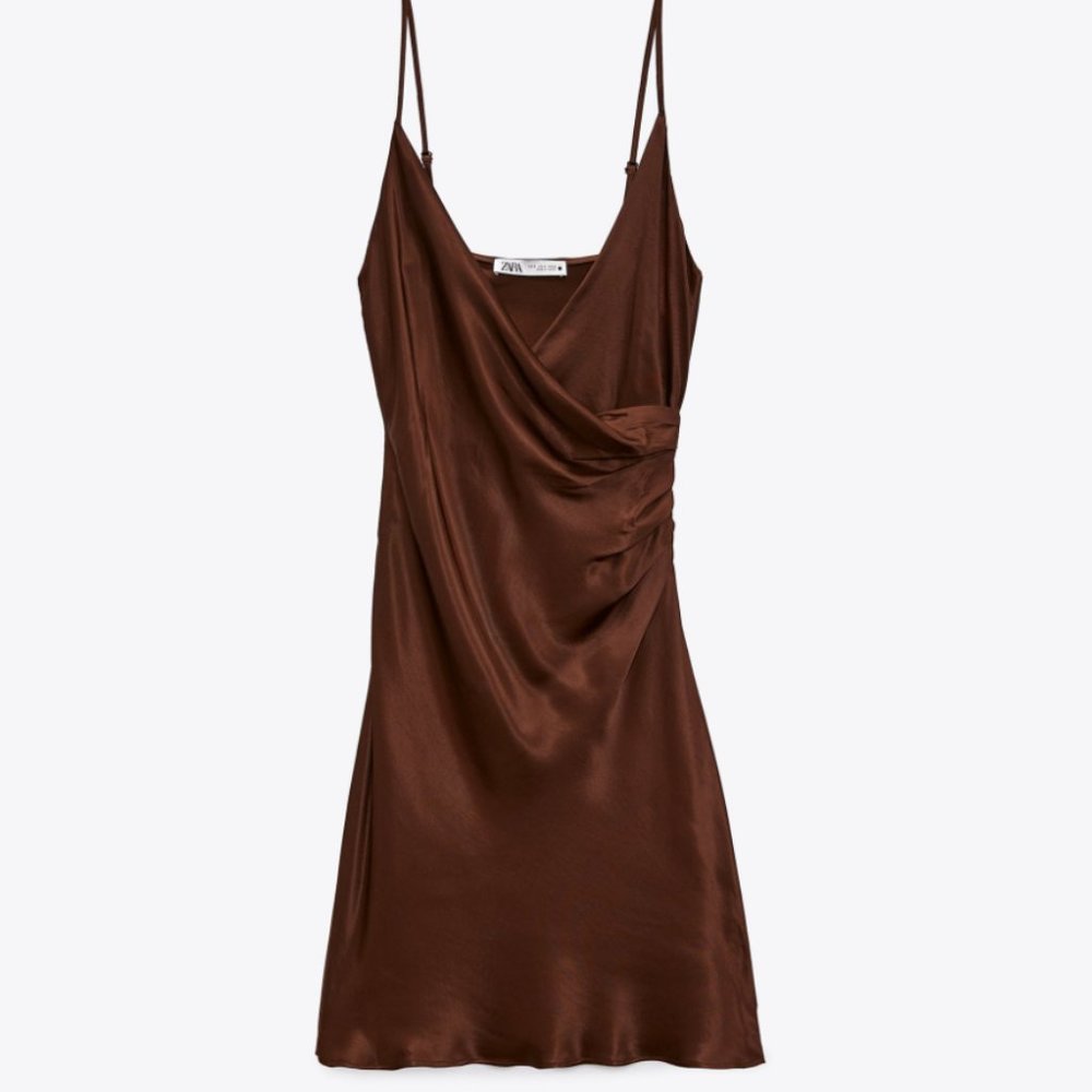 ZARA CHOCOLATE BROWN V NECK BROWN SATIN EFFECT SIDE GATHERED WRAP DRESS $49.90